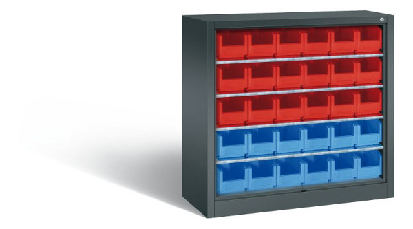 C+P Stahlregal mit Rückwand Serie 13, H1000xB1000xT420 mm, Anthrazit, 4 Einlegeböden, 30 Sichtlagerkästen, 133944-02 S10004