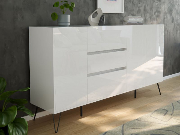 Posseik Sideboard Industrial Q 180cm 3 Schubladen 3 Türen Weiß hochglanz, PN2094X0000002DE