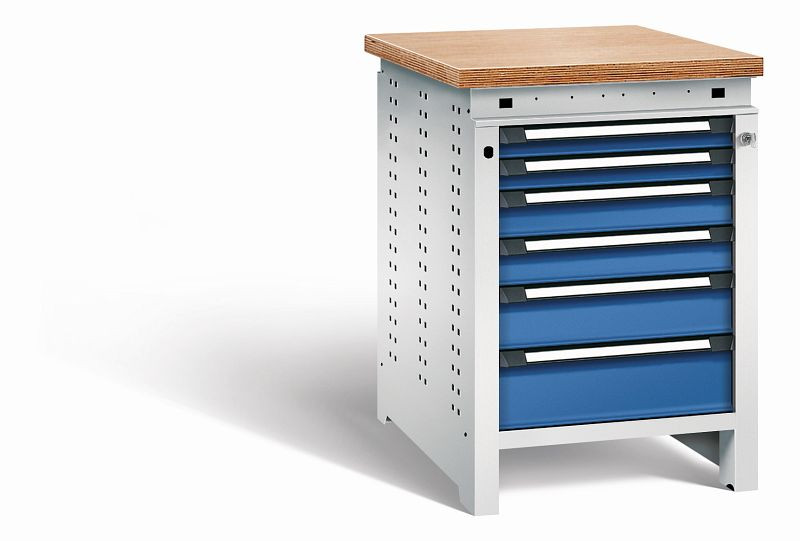 Otto Kind Werkbank Serie function Typ 110, Multiplexplatte, bündig, 6 Schubladen, mit Zentralverschluss, Gehäuse RAL 7035, Front RAL 5010, 072327186