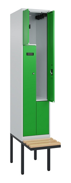 C+P Z-Spind Evolo PLUS, Bank, 2 Fächer, 2120x400x815mm, 7035/6037, Zylinderschloss, Sitzfläche Holz, 0490437-122 S10035