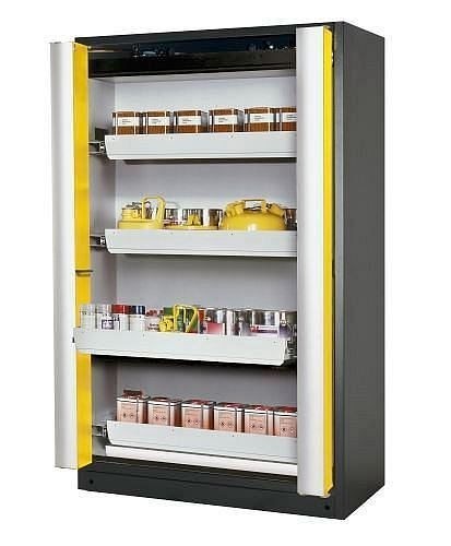 asecos Gefahrstoffschrank Select W-124, 1200 mm, 4 Auszugswannen, Falttüren gelb, 3214904030015