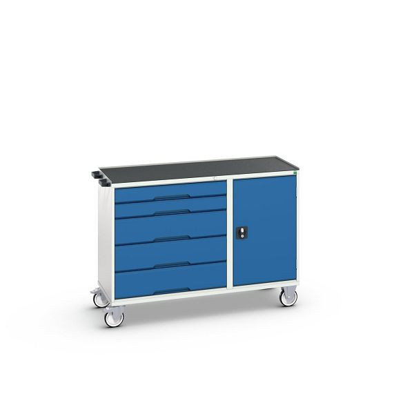 bott verso Montagewagen, mit 5 Schubladen, Tür und Abrollrand, BxTxH: 1300 x 550 x 965 mm, Lichtgrau / Enzianblau, 16927152.11