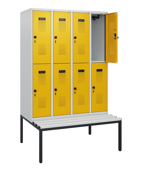 C+P Doppelstöckiger Spind Evolo PLUS, Bank, 8 Fächer, 1950x1200x815mm, 7035/1004, Drehriegel, Sitzfläche Kunststoff, Sitzbank, 0493505-40 S10082