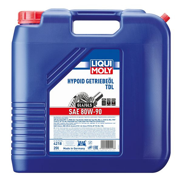 LIQUI MOLY Hypoid-Getriebeöl (GL4/5) TDL SAE 80W-90, Kanister Kunststoff, VE: 20 Liter, 4218