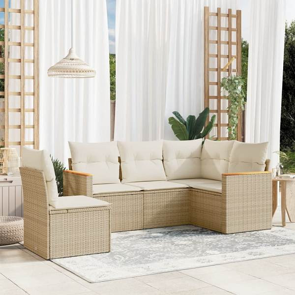 vidaXL 5-tlg. Garten-Sofagarnitur mit Kissen Beige Poly Rattan, UV-beständig, 3225974