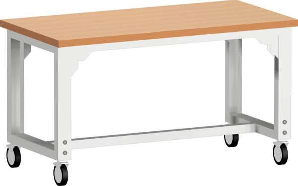 bott cubio Werkbank mobil höhenverstellbar mit 3 Querstreben und Rotbuche-Platte BxTxH: 1500 x 750 x 840-1140 mm Rotbuche RAL 7035, 41003284.16V