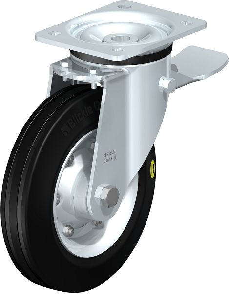 Blickle LK-RD 200K-ST Stahlblech-Lenkrolle, schwere Ausführung, mit Anschraubplatte & Feststeller, Zweikomponenten-Vollgummi, Schwarz, 50732