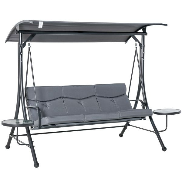 Outsunny Hollywoodschaukel 3-Sitzer Gartenschaukel mit verstellbarem Sonnendach Teetisch Stahl Polyester Grau+Schwarz 271 x 125 x 177 cm, 84A-162