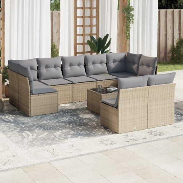 vidaXL 10-tlg. Garten-Sofagarnitur mit Kissen Beige Poly Rattan, 3249998