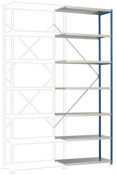 Manuflex Mittelschweres Fachboden-Steckregal Anbauregal mit 7 Stahlböden, HxBxT = 3000 x 1000 x 500 mm, brillantblau, RP1719.5007