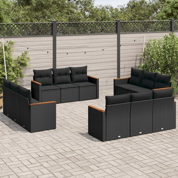 vidaXL 12-teilig Garten-Sofagarnitur mit Kissen Schwarz Poly Rattan, 3225831