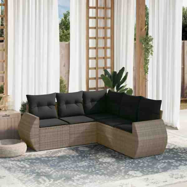 vidaXL 5-tlg. Garten-Sofagarnitur mit Kissen Grau Poly Rattan, UV-beständig, 3253687