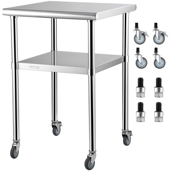 VEVOR Kommerzieller Edelstahltisch 61 x 61 x 91,4 cm, Rollbarer Zweilagiger Arbeitstisch Gastro 181,4 kg + 91 kg Tragfähigkeit, J24X24X36INCHBGUAV0