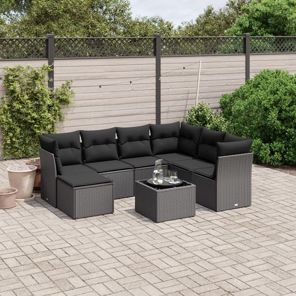 vidaXL 8-teilig Garten-Sofagarnitur mit Kissen Schwarz Poly Rattan, 3263221