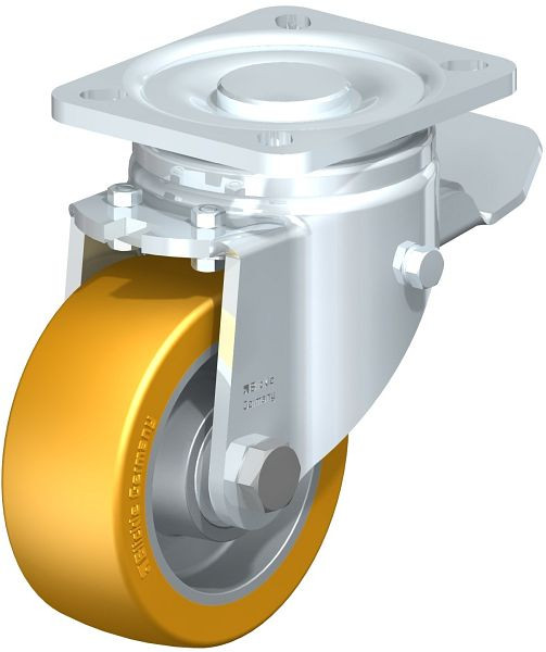 Blickle LH-ALTH 101K-1-ST Stahlblech-Lenkrolle, Schwerlast-Ausführung, mit Anschraubplatte & Feststeller, Blickle Extrathane®, Hellbraun, 284299