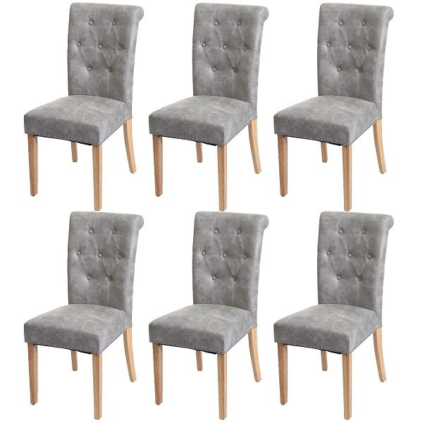 Mendler 6er-Set Esszimmerstuhl Chesterfield II, Stuhl Küchenstuhl, Nieten, Stoff/Textil hellgrau, helle Beine, 3x82879