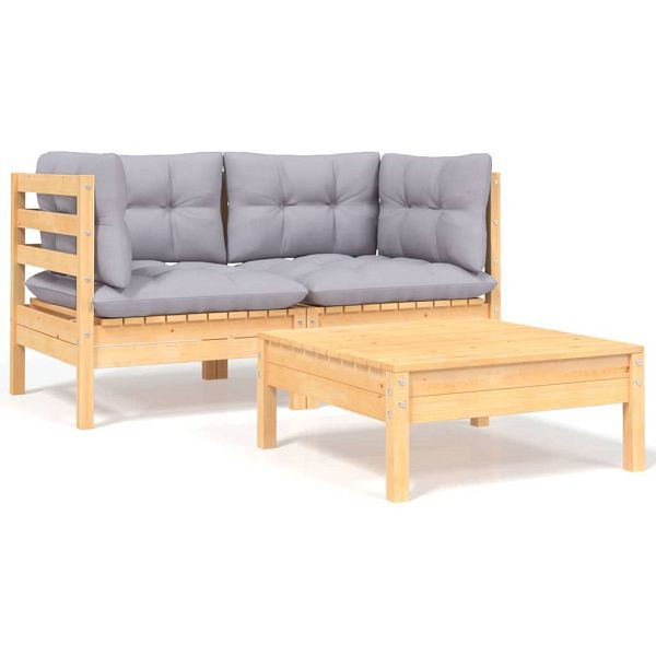 vidaXL 3-teilig Garten-Lounge-Set mit Grauen Kissen Kiefer Massivholz, 806675