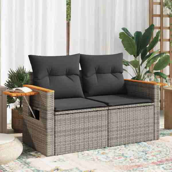 vidaXL Gartensofa 2-Sitzer mit Kissen Grau Poly Rattan, UV-beständig, 366145
