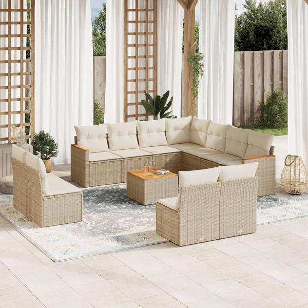 vidaXL 12-teilig Garten-Sofagarnitur mit Kissen Beige Poly Rattan, 3226093