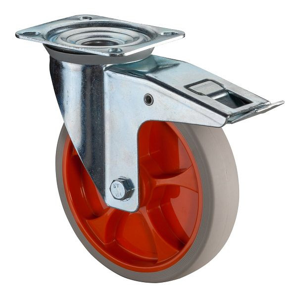 BS Rollen Transportrolle Lenkrolle Feststeller, thermoplastisches Gummirad,orange Felge, Reifen hellgrau, Platte: 160 mm, VE: 2 Stück, L420.B44.161.02