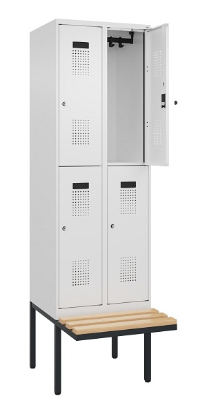 C+P Doppelstock-Spind Evolo PLUS, Bank, 4 Fächer, 2120x600x815mm, 9016/9016, Zylinderschloss, Sitzfläche Buche-Hartholz, 0493407-20 S10047