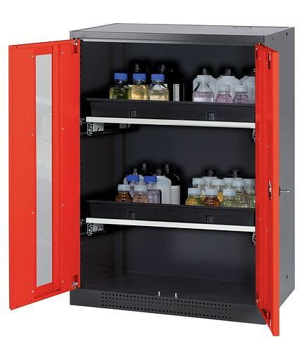 asecos Chemikalienschrank Systema-T CS-82G, Korpus anthrazit, Flügeltüren rot, 2 Tablarauszüge, 208690