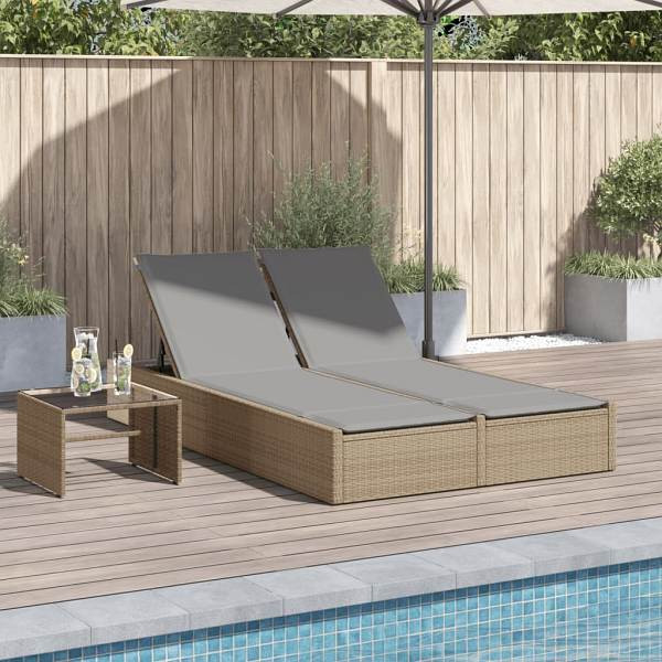 vidaXL Doppel-Sonnenliege mit Auflagen Beige Poly Rattan, UV-beständig, 368631