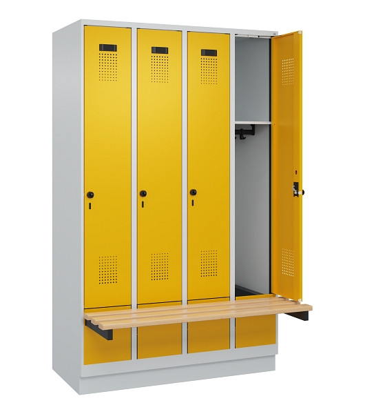 C+P Spind Evolo PLUS, 4 Abteile, 1950x1200x815mm, 7035/1004, Drehriegel, Sitzfläche Holz, Sitzbank auskragend Sockel, 049040-40 S10000