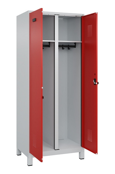 C+P Schwarz-Weiß-Spind Evolo PLUS, mit Füßen, 2 Abteile, 1950x800x500mm, 7035/3, Frontfarbe RAL 3020 Verkehrsrot, Drehriegel, 049012-22 S10005