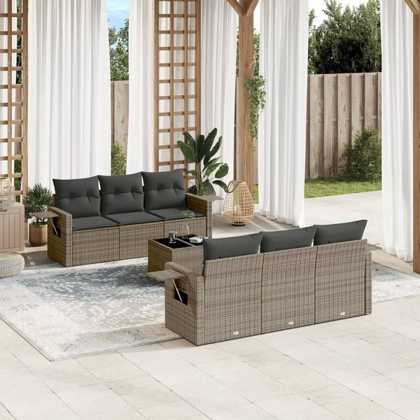 vidaXL 7-teilig Garten-Sofagarnitur mit Kissen Grau Poly Rattan, 3219909