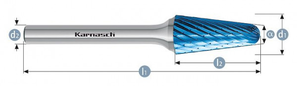Karnasch Hartmetall-Frässtift Blue-Tec beschichtet KEL/ HP-1 d1=10 / l2=30 / d2=6 / l1=75mm, VE: 2 Stück, 115087030