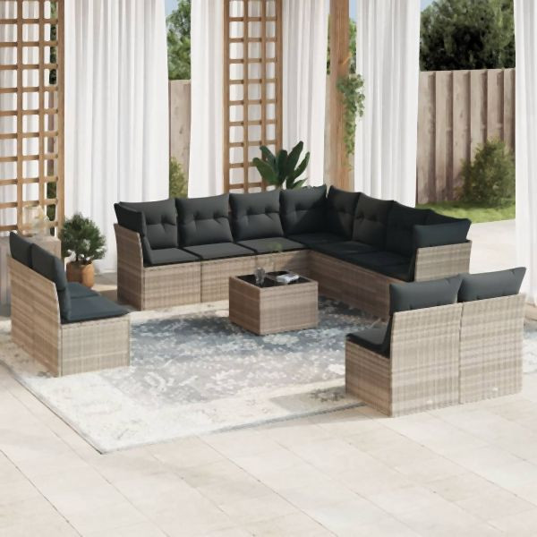 vidaXL 12-tlg. Garten-Sofagarnitur mit Kissen Hellgrau Poly Rattan, 3217832