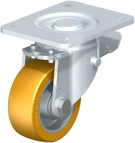 Blickle LH-ALTH 101K-3-ST Stahlblech-Lenkrolle, Schwerlast-Ausführung, mit Anschraubplatte & Feststeller, Blickle Extrathane®, Hellbraun, 669408