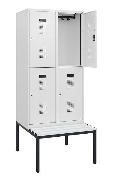 C+P Doppelstöckiger Spind Evolo PLUS, Bank, 4 Fächer, 1950x800x815mm, 9016/9016, Zylinderschloss, Sitzfläche Kunststoff, Sitzbank, 0493505-22 S10155