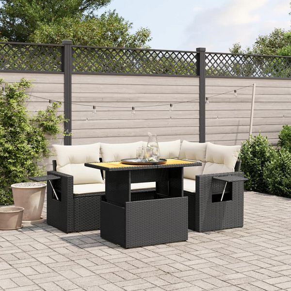 vidaXL 5-teilig Garten-Sofagarnitur mit Kissen Schwarz Poly Rattan, 3271735