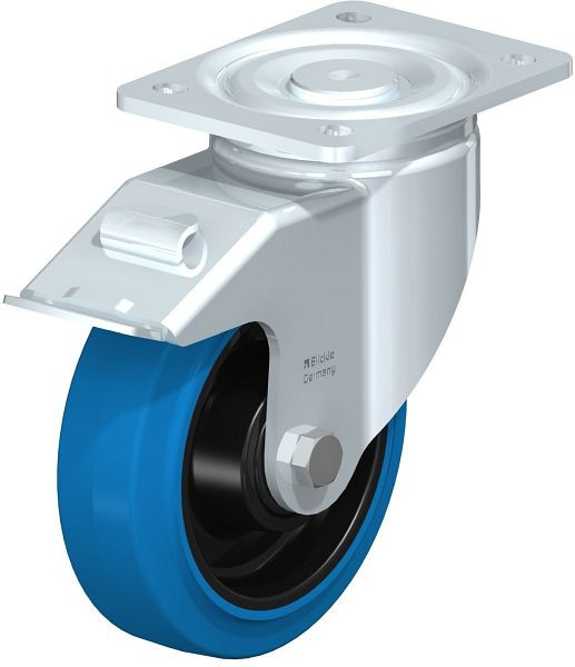 Blickle LH-POEV 160KD-FI-SB Stahlblech-Lenkrolle, Schwerlast-Ausführung, mit Anschraubplatte & Feststeller, Elastik-Vollgummi, Blau, 851823