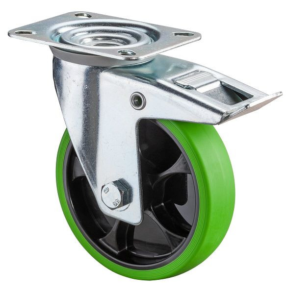 BS Rollen Transportrolle Lenkrolle mit Festeller, thermoplastisches Gummirad, Reifen grün, Rollenlager, Platte, 125 mm, VE: 2 Stück, L420.B44.126.04