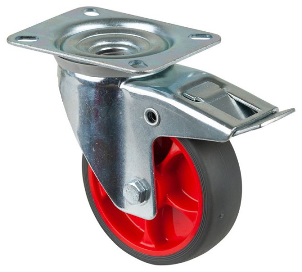 BS Rollen Transportrolle Lenkrolle mit Festeller, thermoplastisches Gummirad, Reifen grau, Rollenlager, Platte: 100 mm, VE: 4 Stück, L420.B44.101.03