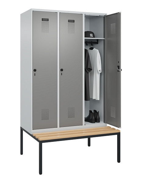 C+P Spind Evolo PLUS, 3 Abteile, 2120x1200x815mm, 7035/0004, Haken 4, Drehriegel, Sitzfläche Buche-Hartholz, Sitzbank, 0490507-32 S10014