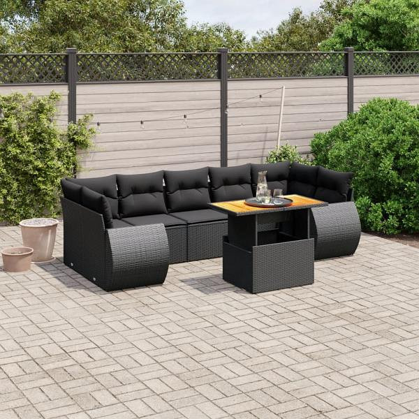 vidaXL 8-tlg. Garten-Sofagarnitur mit Kissen Schwarz Poly Rattan, UV-beständig, 3272105