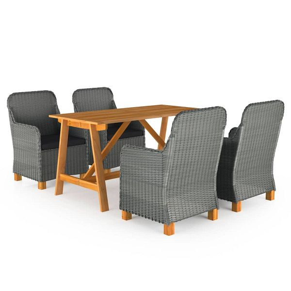 vidaXL 5-teilig Garten-Essgruppe Hellgrau, Material: Rundes PE-Rattan, massives Akazienholz, pulverbeschichteter Stahl, 3068790
