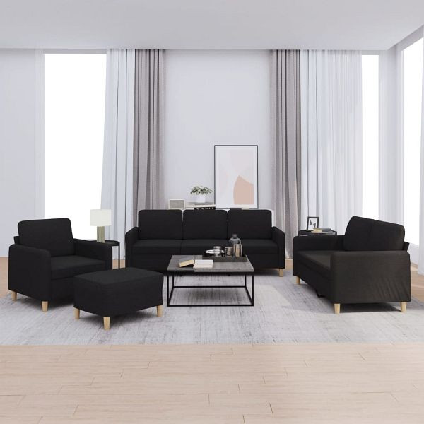 vidaXL 4-teilig Sofagarnitur mit Kissen Schwarz Stoff, 3202066