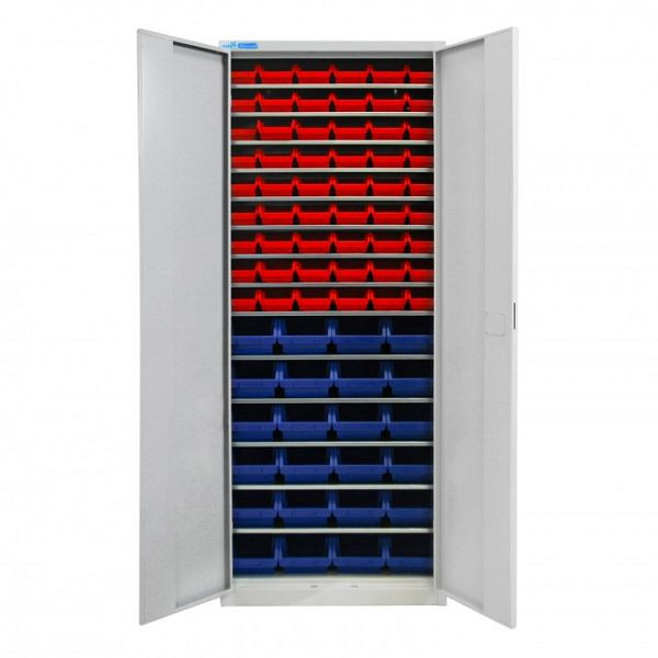 ADB Flügeltürenschrank mit 78 Sichtlagerkästen und Fachböden, Maß BxLxH: 170x240x126 mm, Farbe: Blau, Farbe: Rot, 40826