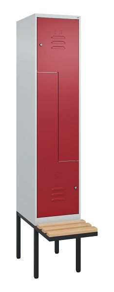 C+P Z-Spind Classic PLUS, Bank, 2 Abteile, 2120x400x815mm, 7035/3003, Zylinderschlösser, Buche-Sitzleisten, 0800437-122 S10016