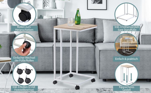 casaria Beistelltisch Weiß 50x35x65/70cm mit Rollen, 108648