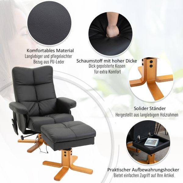 HOMCOM Relaxsessel mit Liegefunktion Massagesessel mit Fußhocker Schwarz, 700-111V02