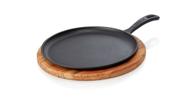 WAS Pizzaservierpfanne Emailliert, Holzuntersetzer und angegossenem Stielgriff, Materialstärke: Boden 4 mm, Rand 3 mm, 368003026