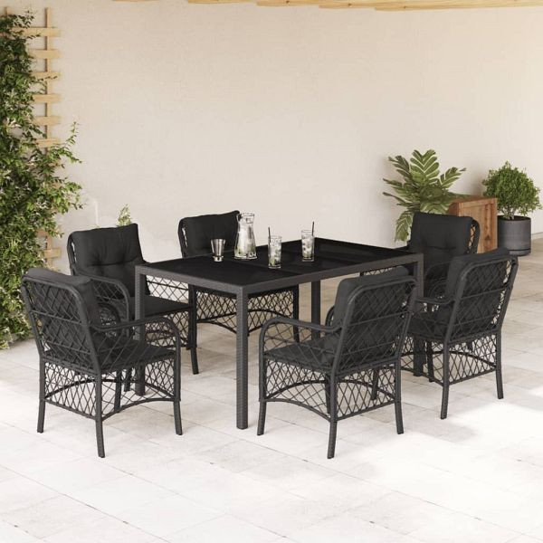 vidaXL 7-tlg. Garten-Essgruppe mit Kissen Schwarz Poly Rattan, 3212027