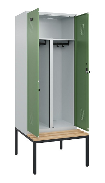 C+P PSA Doppel-Spind Evolo PLUS, Bank, 2 Abteile, 2120x800x815mm, 7035/6011, Drehriegel, Sitzfläche Buche-Hartholz, Sitzbank, 0490527-22P S10010