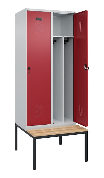 C+P Spind Evolo PLUS, 2 Abteile, 2120x800x815mm, 7035/3003, Haken 4, Drehriegel, Sitzfläche Buche-Hartholz, Sitzbank, Trennwand, 0490507-22F S10004